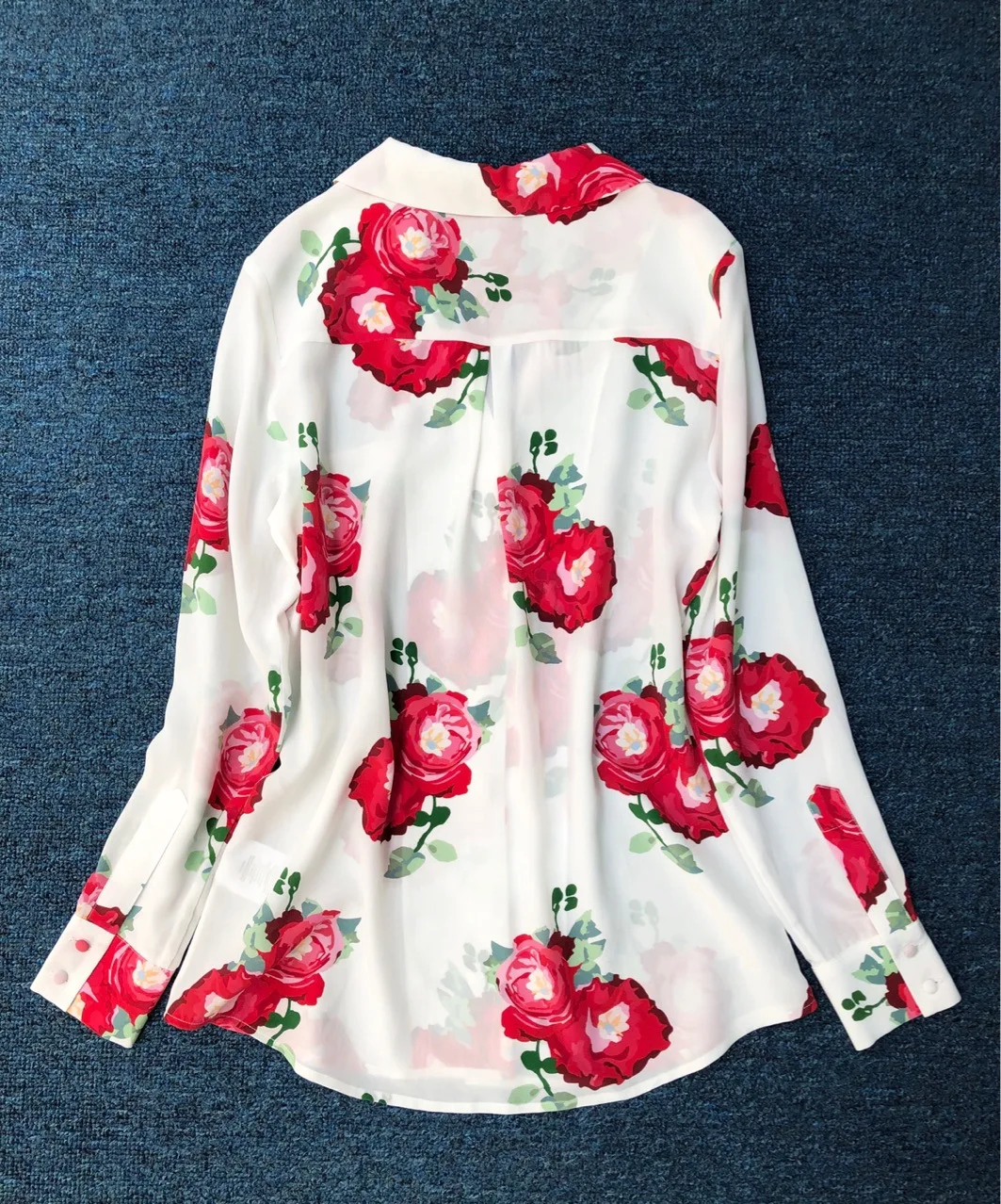 

100% Silk Rose Flower Print Shirt Suit Collar Long Sleeve Women Shirt