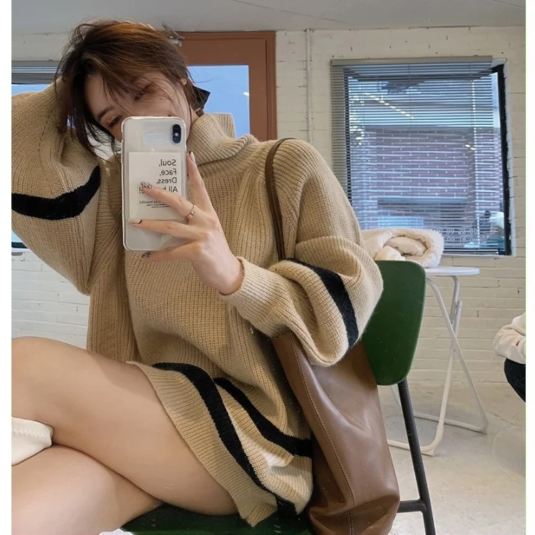 

Lazy Wind Color Contrast High Neck Sweater Women Wear Korean Loose Pullover Long Sleeve Sweater in Autumn and Winter C44a