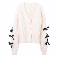 korean version autumn winter new womens long sleeve v neck bow thick warm loose white knitted cardigan coat