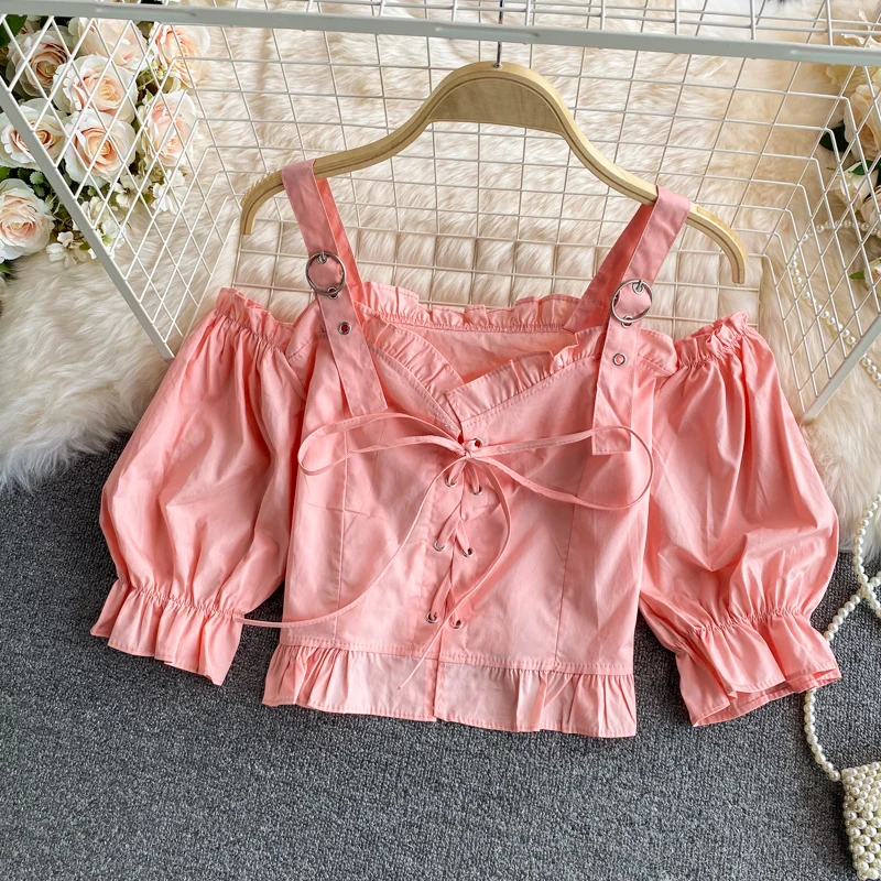 

Summer new strapless lace with ruffles crop top One shoulder hanging sexy temperament crop tops Puff sleeve tops women 2021