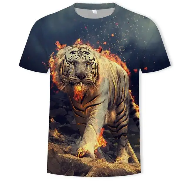 

2021 new casual domineering lion short-sleeved men's T-shirt fashion O-neck T-shirt animal print 3D unisex top