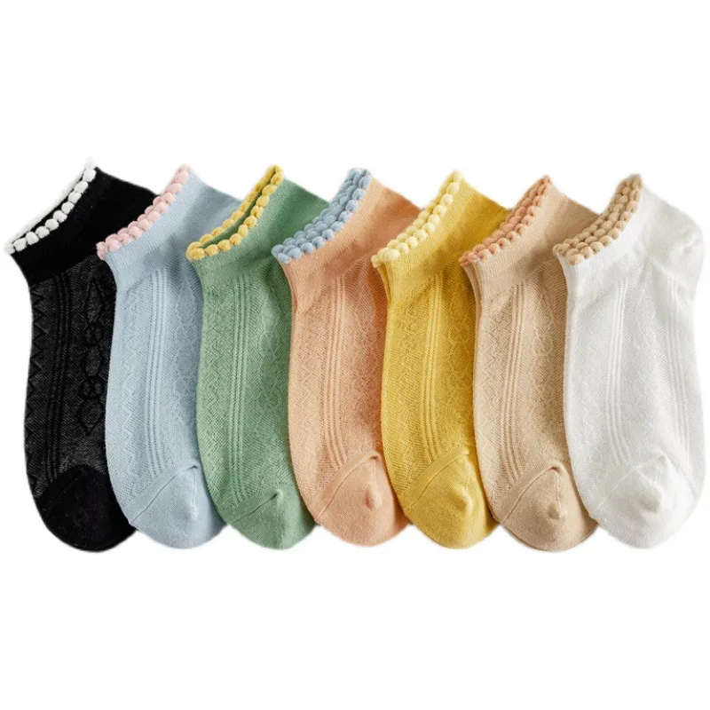 

Solid Candy Colors Short Socks Women Cotton Breathable Mesh Thin Low Cut Ankle Socks Slippers Summer Kawaii Cute Ruffle Socks