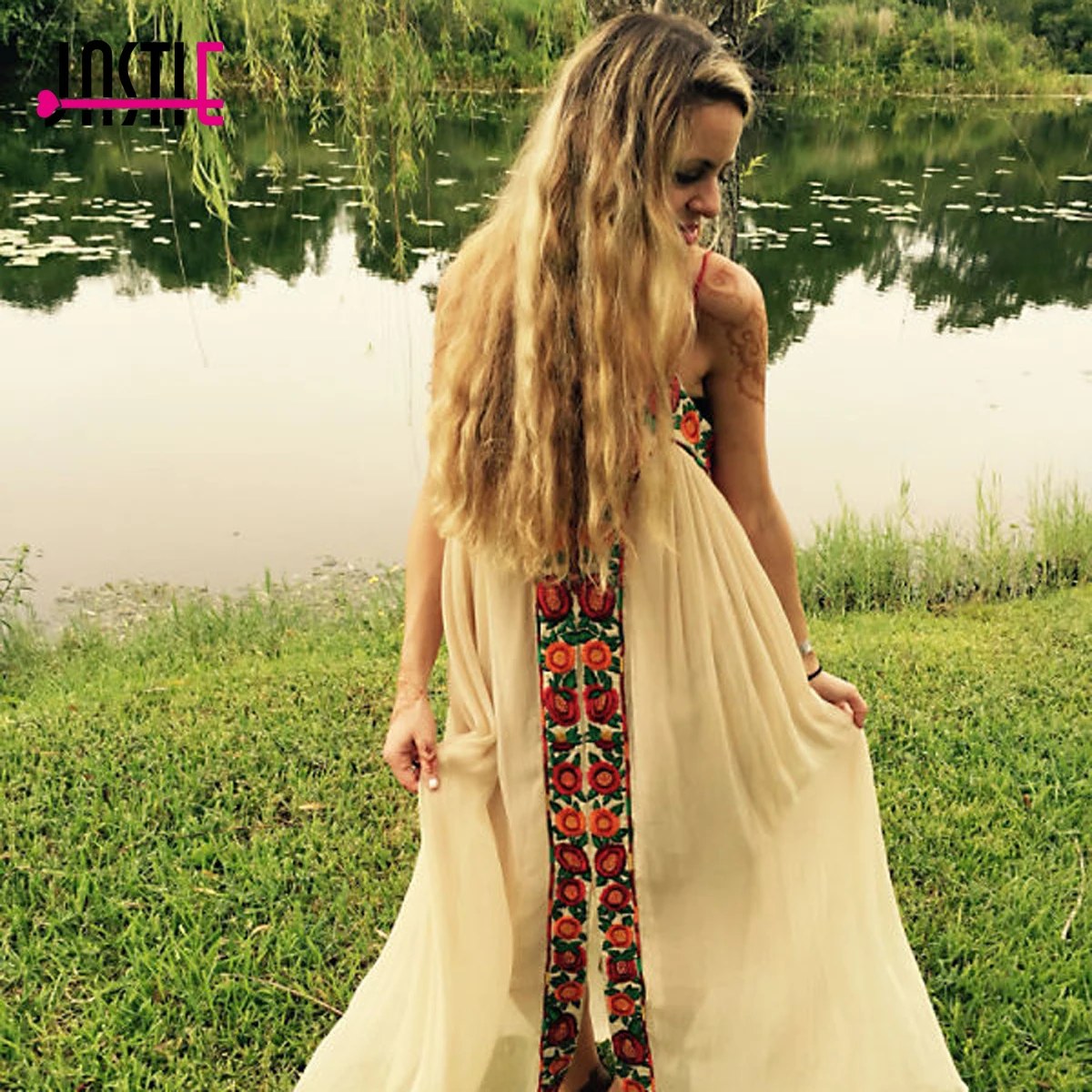 

Jastie Free-Flowing Maxi Dress Floral Embroidery Boho Dress V-Neck Lace-Up Strapless Sexy Dresses Hippie Chic Women Vestido Robe