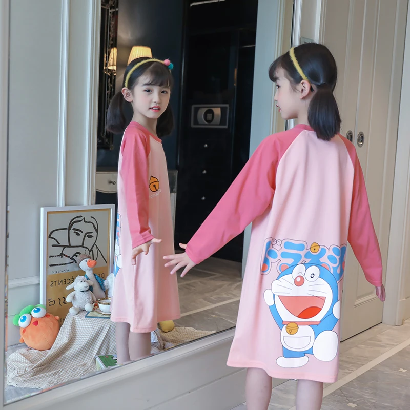 Camisones de noche para ni&ntilde;as y beb&eacute;s, Pijama de dormir de algod&oacute;n de manga larga, ropa de casa suelta, camis&oacute;n de princesa rosa, ropa de descanso-3
