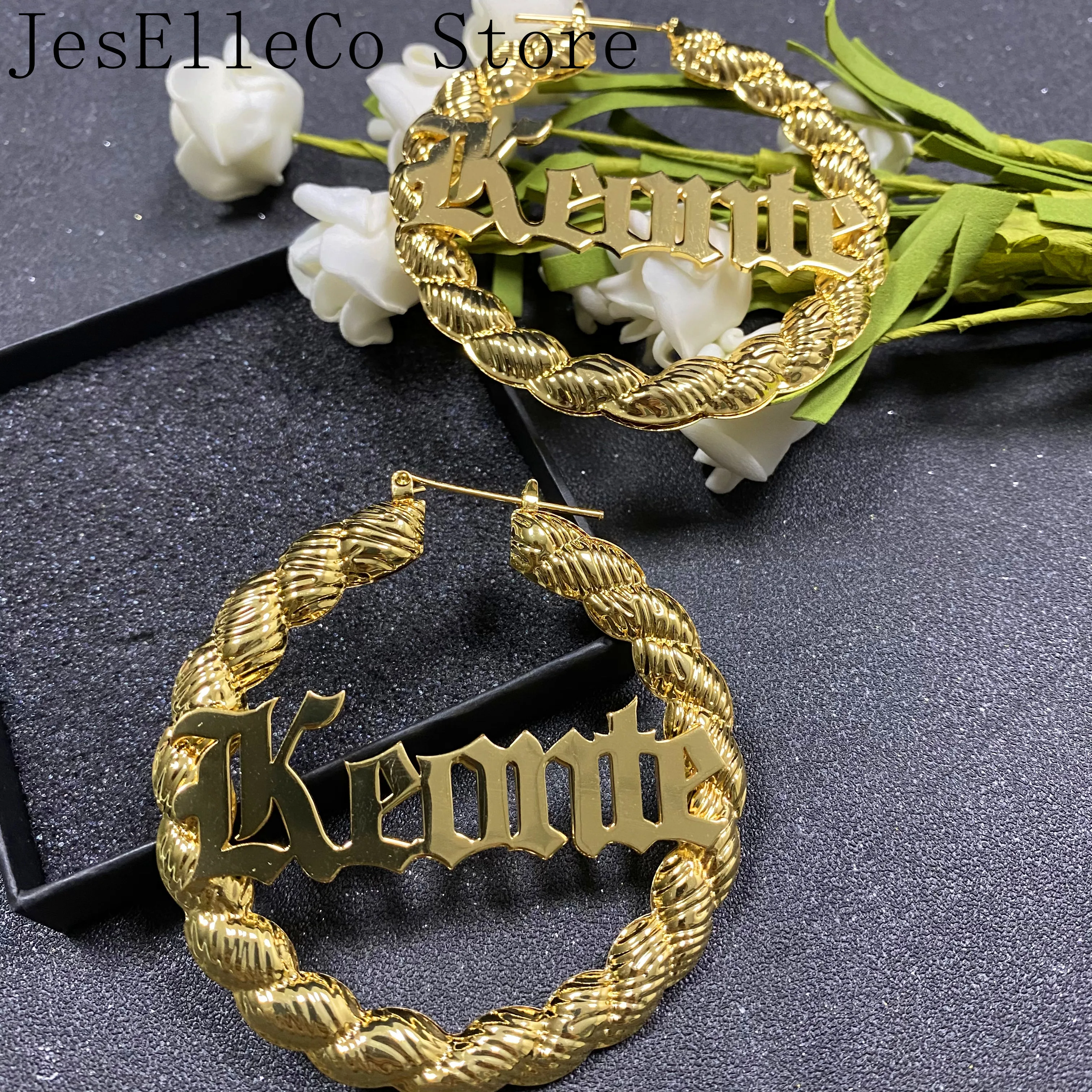 

Hiphop Sexy Custom Bamboo Hoop Earring Personalized Name Earring 3D Bamboo Style Custom Earrings for Christmas Gift