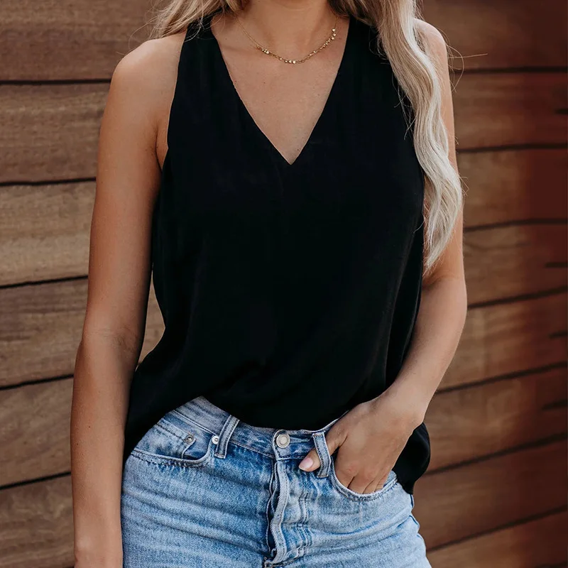 

Ladies Summer Casual Solid Sleeveless Sexy Deep V-neck Tank Tops Vintage Loose White Womens Tops And Blouses Streetwear Y