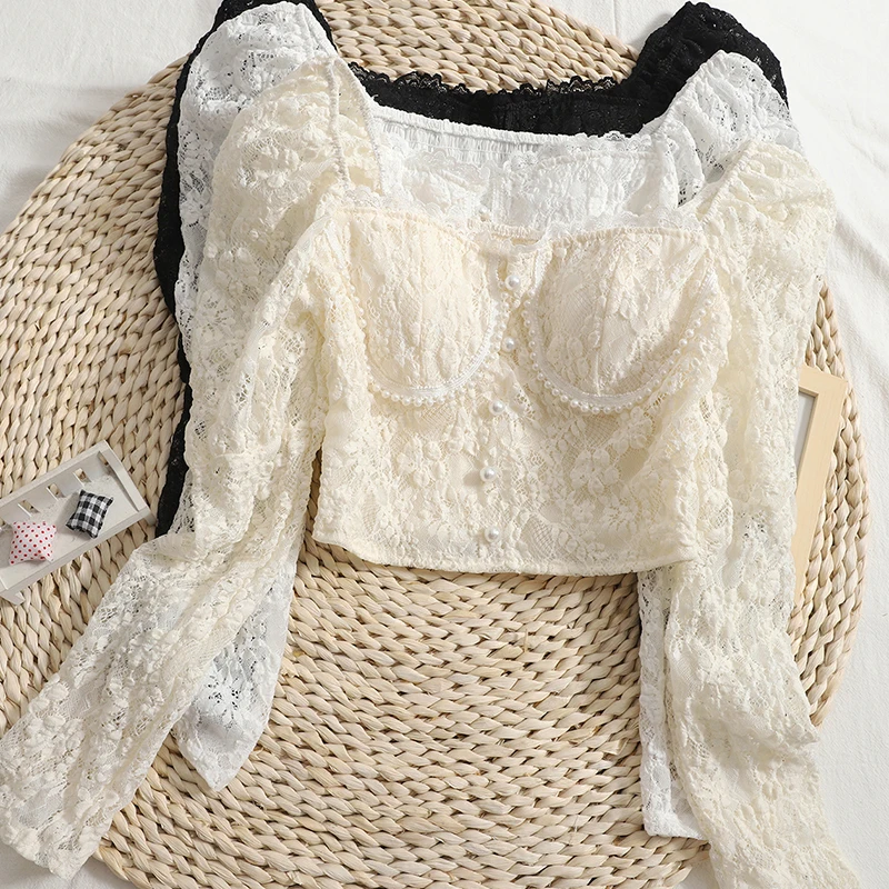 

Elegant beaded breast pad vintage lace shirt 2021 autumn Korean short tops wild square neck chain link flower shirt women blouse