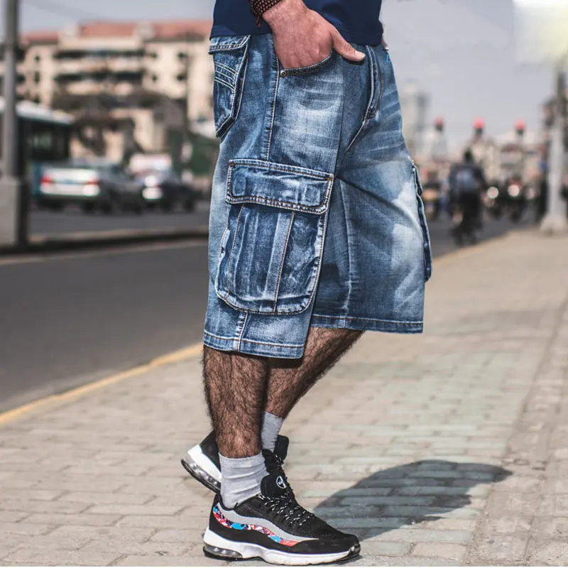 Джинсовые шорты мужские с множеством карманов, летние синие джинсовые шорты, свободная уличная одежда, большие размеры от AliExpress RU&CIS NEW