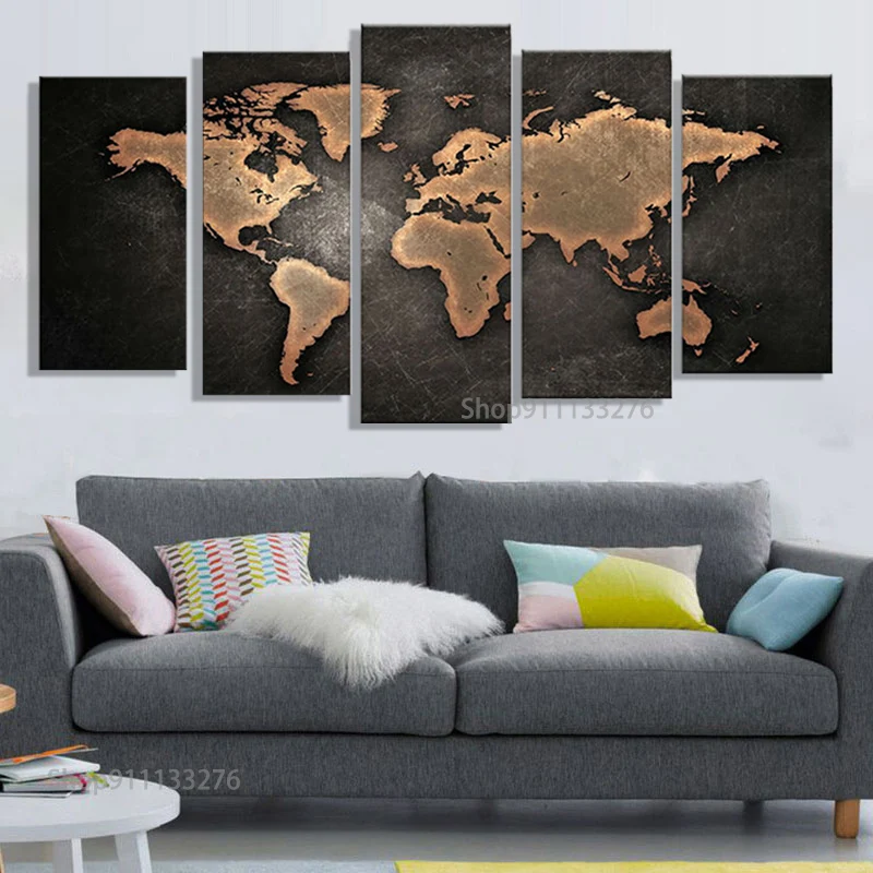 

Paintings HD Abstract Canvas For BedRoom Home Wall Art Poster 5 Pieces Retro World Map Decoration Modular Framework Decor Modern