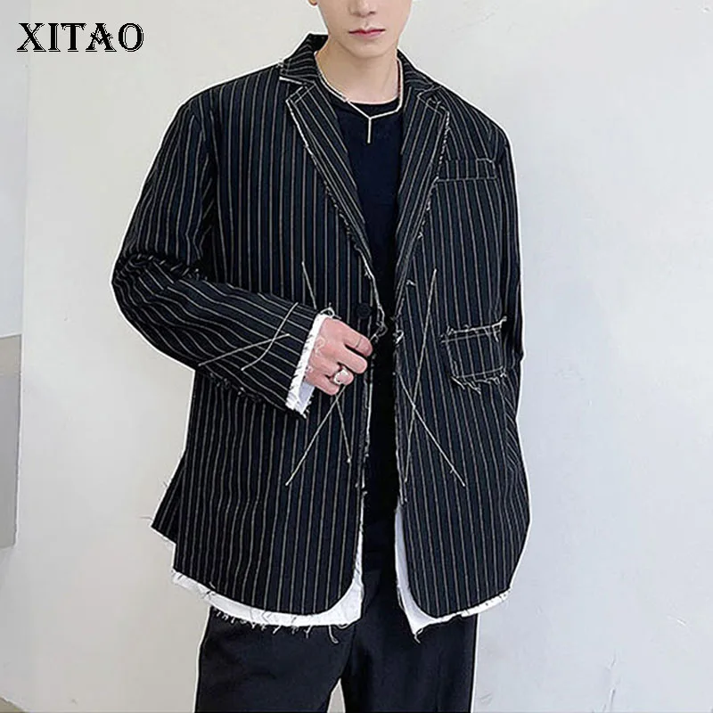 

XITAO Striped Coat Women Single Breast False Two Piece Full Sleeve Split Goddess Fan Casual Style Loose Minority Coat GWJ0103