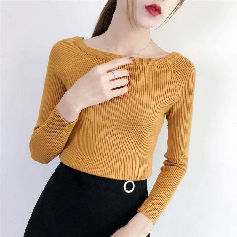 2020 New Fashion Women Long Sleeve Sweaters Casual Slash Neck Pullovers Solid thick Sweater Female Slim Sexy Cotton Kintted Tops | Женская