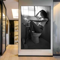 modern black and white sexy woman smoking in toilet canvas painting printing wall art picture poster for living room home decor
