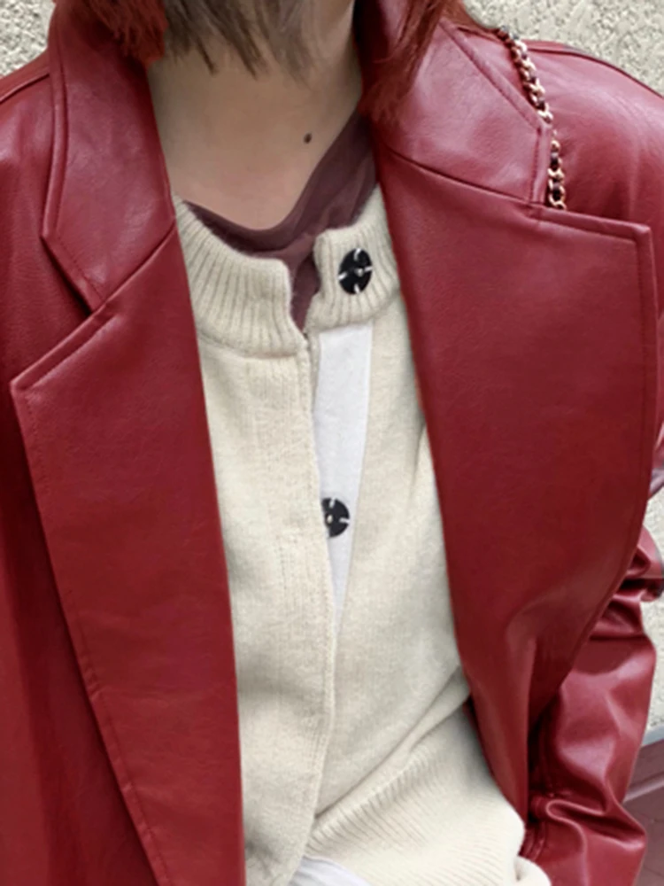 Lautaro Осенняя длинная свободная винно-красная кожа длинный рукав отворот