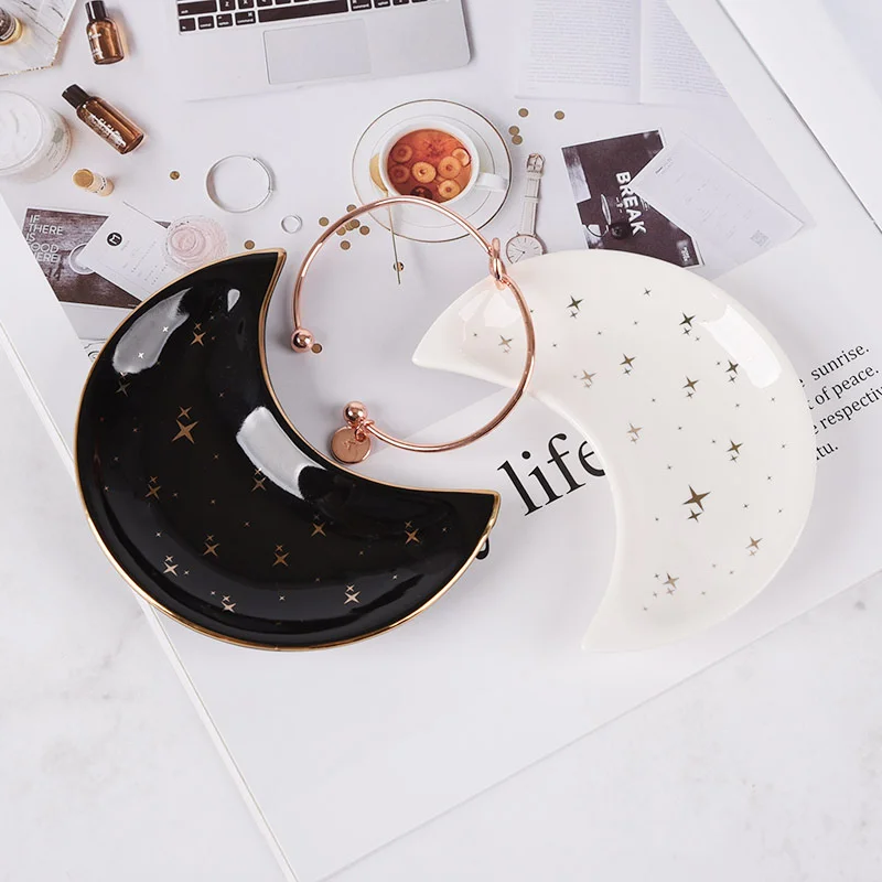 

Moon Plate Dressing Table Storage Bathroom Decoration Ring Tray Nordic Ceramic Jewelry Rack Home Luminarc Посуда Platos Cerámica