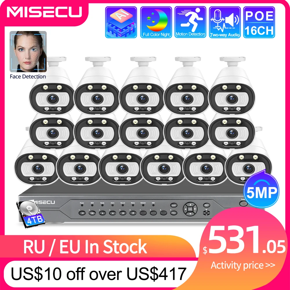 

MISECU Ai Smart 5MP System 16CH POE CCTV Security NVR Kit Human/Face Detect Two Way Audio Outdoor IP Camera Surveillance System