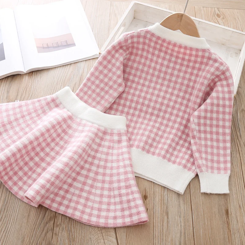 2019 Autumn New Girls Sweater Set Long Sleeve Plaid Jacket Skirt 2 Piece Elegant Lady Style Winter Warm For Princess | Детская одежда и