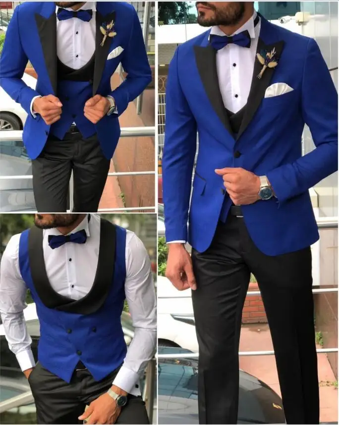 Traje de novio azul real y negro para hombre, esmoquin de satén con solapa, para boda, el mejor hombre (chaqueta + Pantalones + pajarita + chaleco)