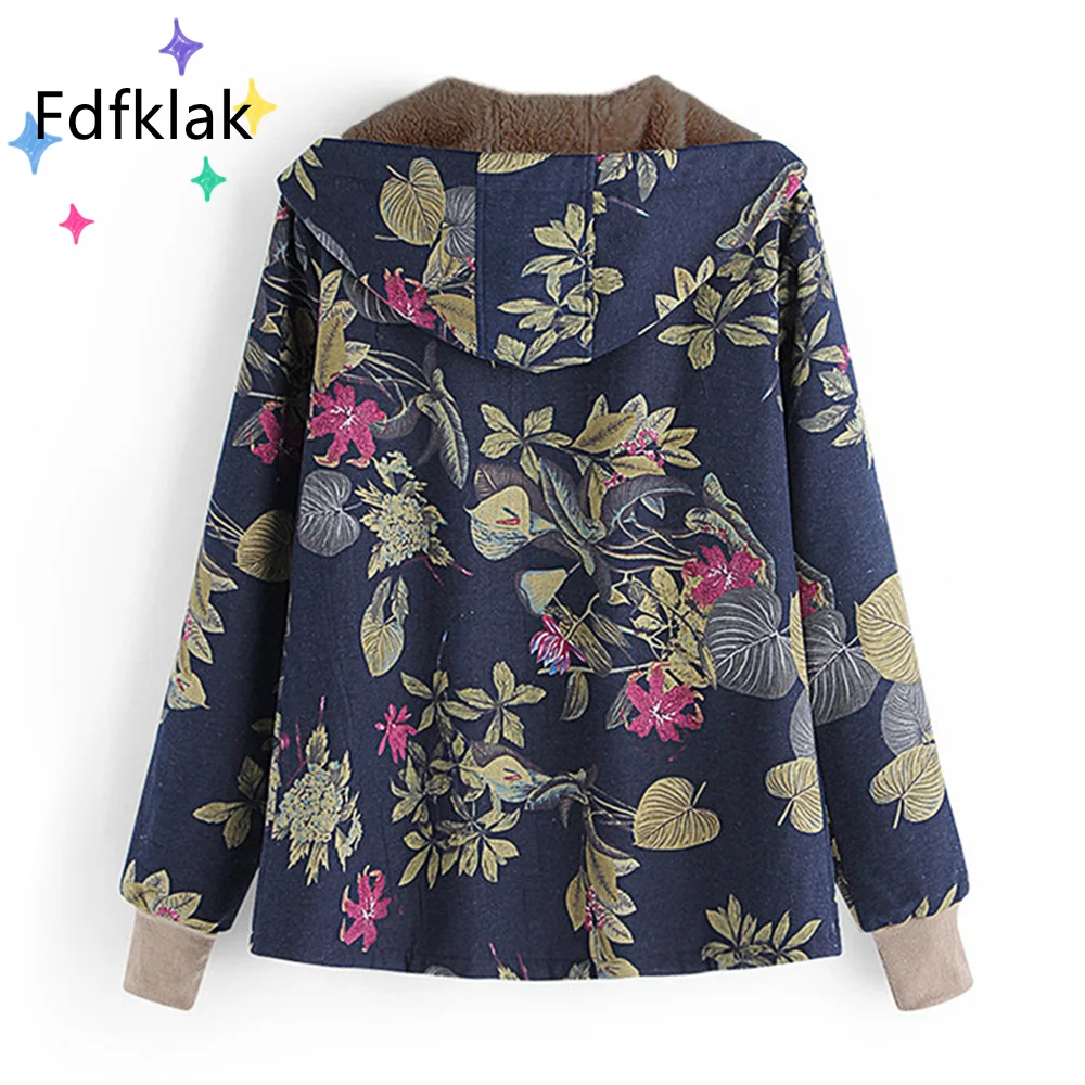 Fdfklak M-5XL New Cotton Linen Print Winter Coat Women Plus Velvet Single-Breasted Ladies Jacket Oversized Fleece Hoodie enlarge