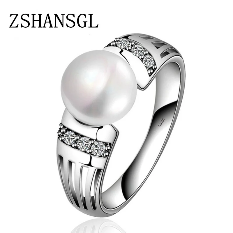 Новая коллекция, 925 пробы серебряные кольца, большие CZ& пресноводные жемчужные кольца для женщин, свадебные ювелирные изделия на День святого Валентина, подарок
