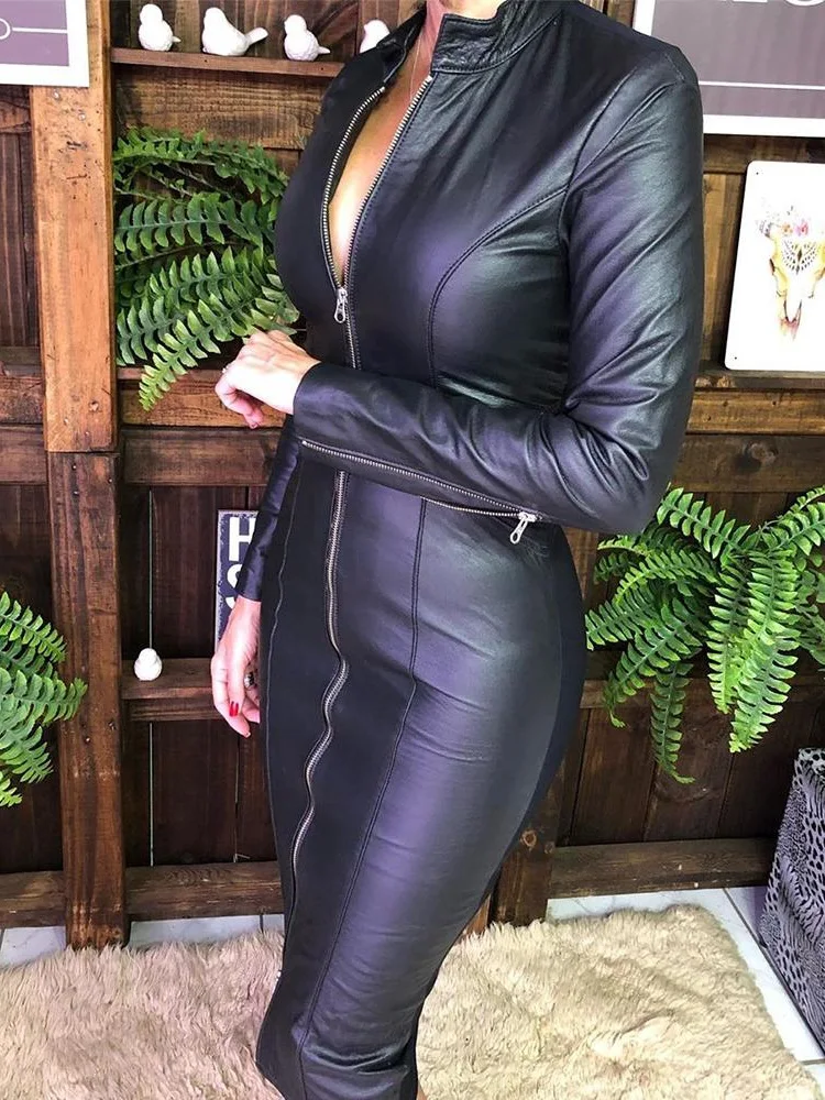 

High Quality Zipper Design PU Bodycon Dress Autumn Women Elegant Slim Fit Party Dress