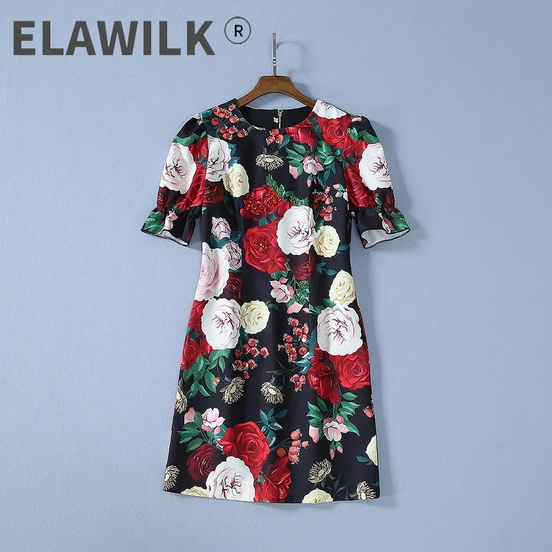 

2021 Summer Runways high quality women beading short sleeves dress Fashion Floral print elegant dress C106