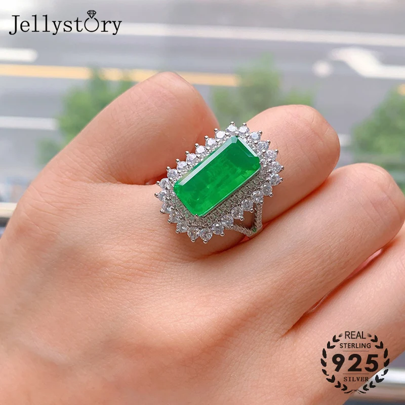 

Jellystory luxury ring 925 sterling silver jewelry with rectangle shape emerald zircon gemstone resizable ring for women wedding