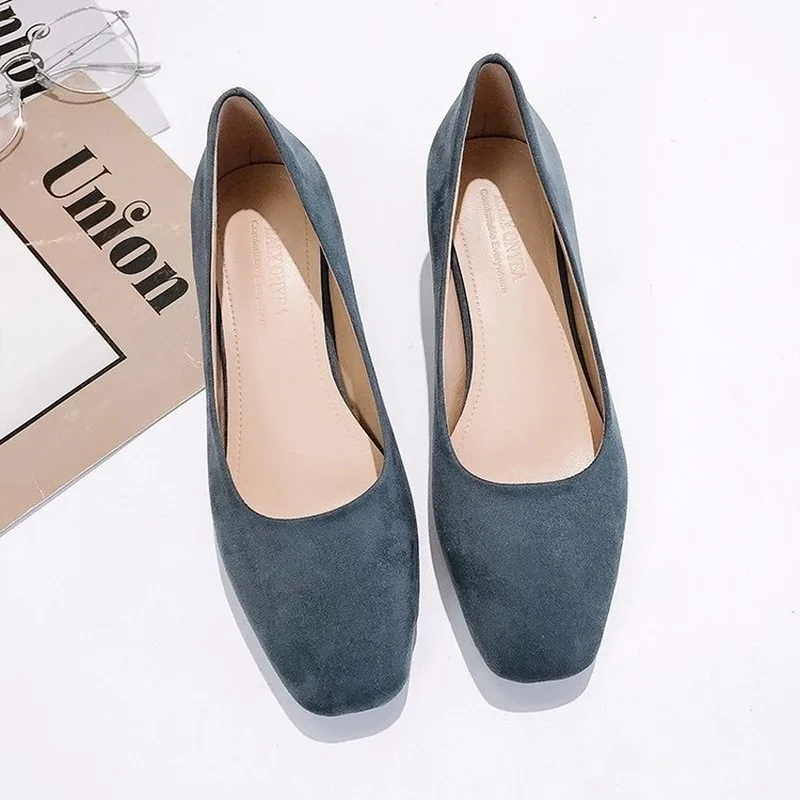 

2020 Spring New Ladies Shoes Pumps Flock Slip on Shallow Women Shoes Woman Flock Square Toe Thick Mid Heels Work Casual Shoes