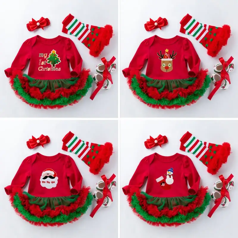 

Christmas Dresses Girl Princess Party Costume Toddler Infant Clothing First Xmas Baby Girls Tutu Dress with Headband Shoes