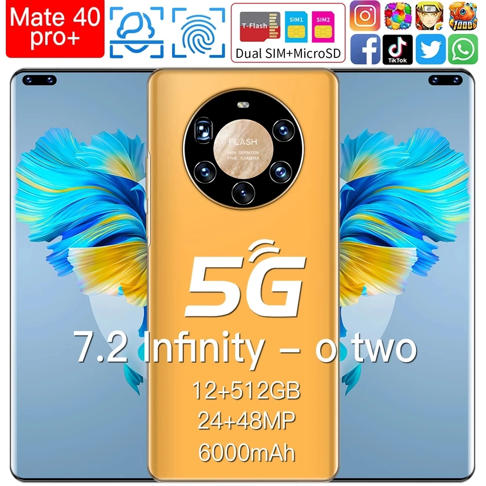 

Well Mate40 Pro Smartphone, Global Version, 7.3 Inch, 12 + 512GB, 6000mAh, Full Screen, Deca Core, LTE, 5G, Dual SIM Network