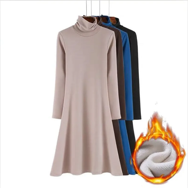 

New Fashion Autumn&winter Korean Style Solid Basics Dress Vestidos - Women Thicken Cotton Warm Turtleneck Clothing