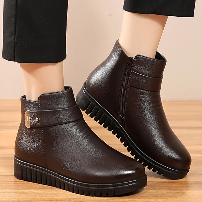 Ankle boots for women String Bead Winter Plush Warm Split leather Women Boots Female Zip Shoes Plus Size 41|Женские полусапожки| |