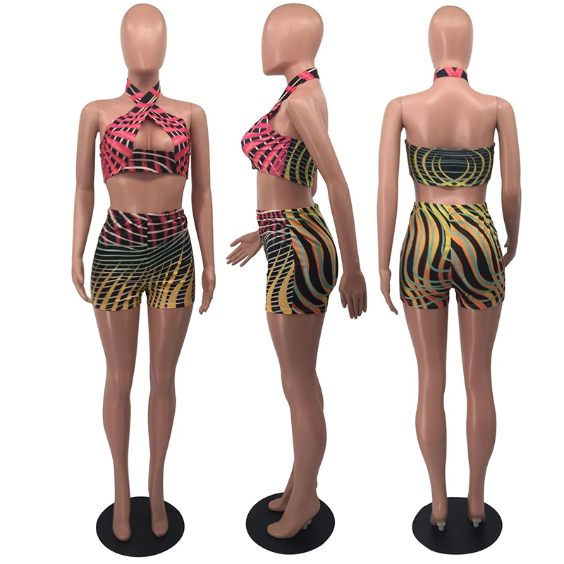 

ZKYZWX Sexy Print Summer Vacation Club Outfits Two Piece Set Halter Crop Top Biker Shorts for Women Night Clubwear Matching Sets