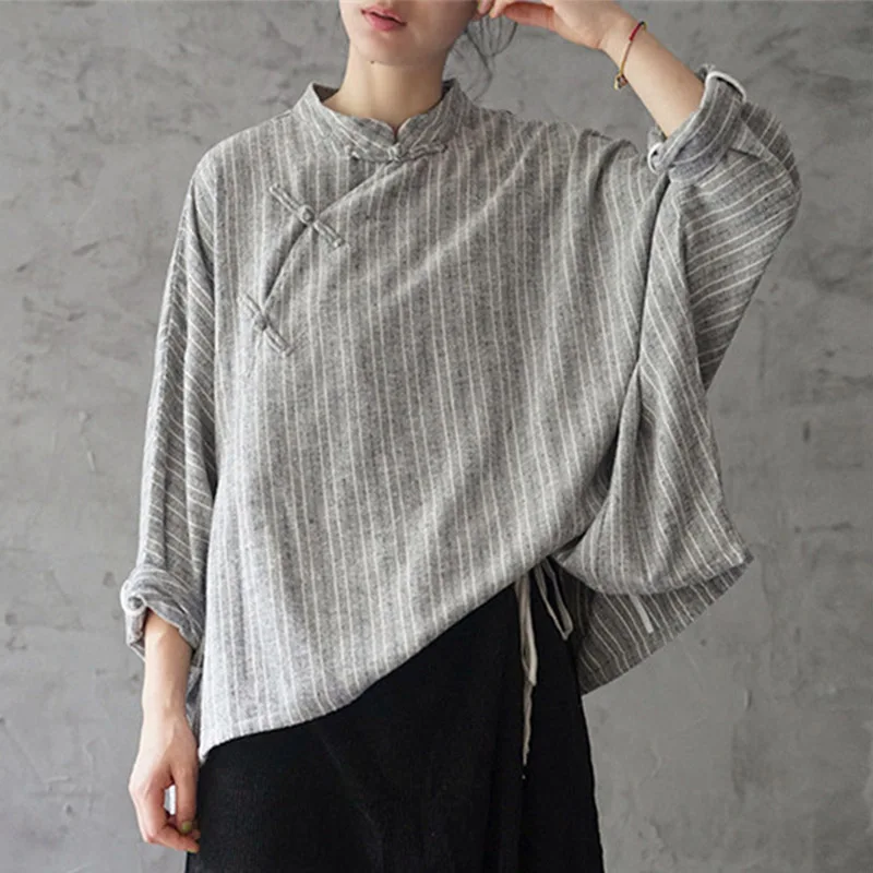 Женская винтажная Повседневная полосатая блузка SCUWLINEN свободная длинная