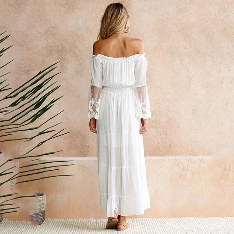 

Strapless Long Sleeve Loose Sexy Off Shoulder Lace Boho Women Maxi Dress Women White Beach Dress