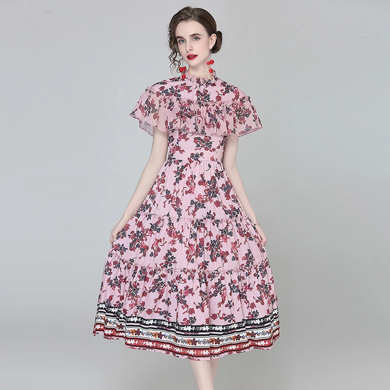

Women's Summer Prom Dress French Elegant Style Stand-up Collar Printed Ruffled Stitching Dress New Waist Female Dresses X188