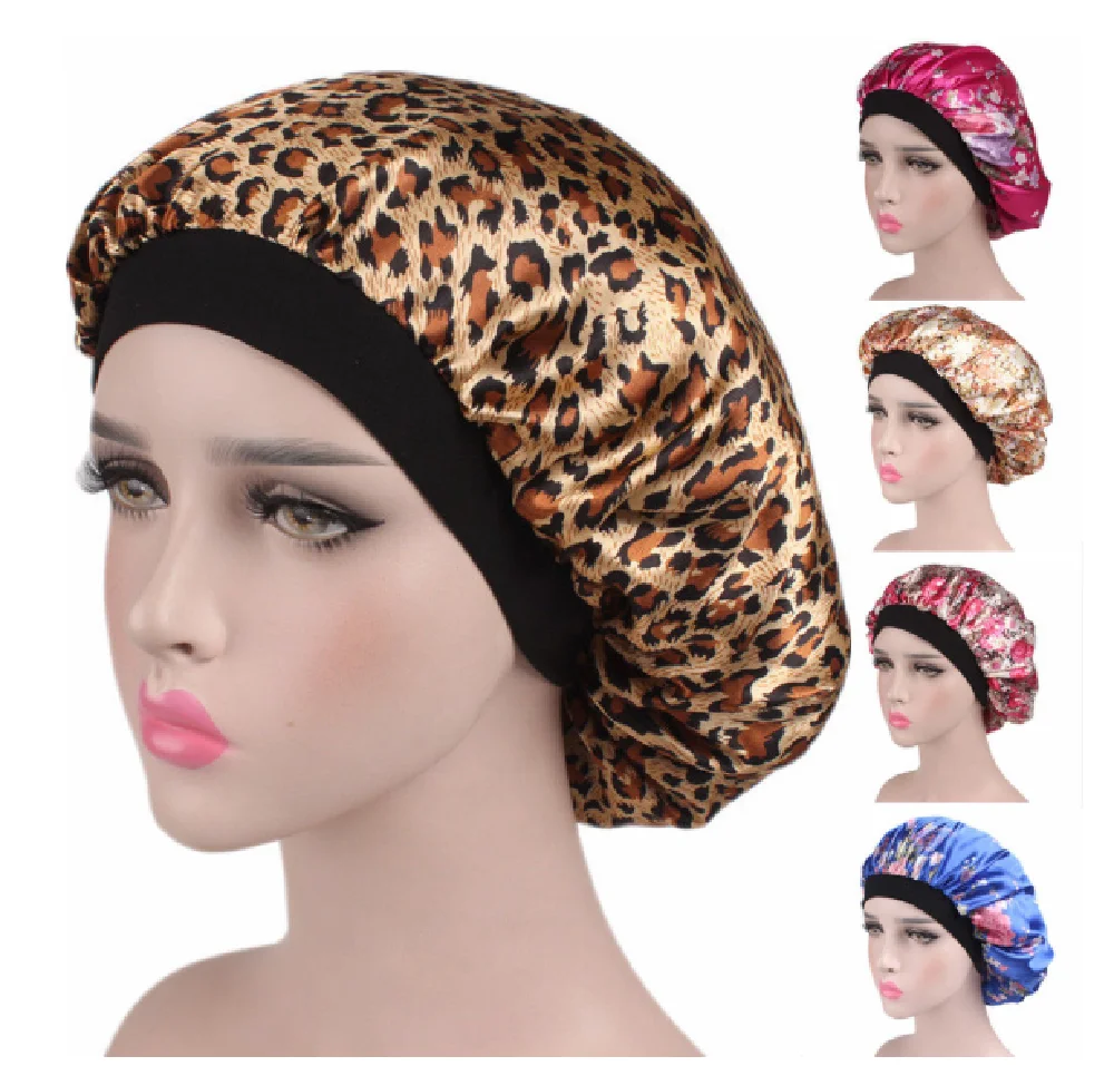 

Novelty Women Satin Sleeping Hat Flower Pattern Pastoral Shower Cap Hair Bonnet Silk Head Cover Wide Elastic Band Shower Bonnet
