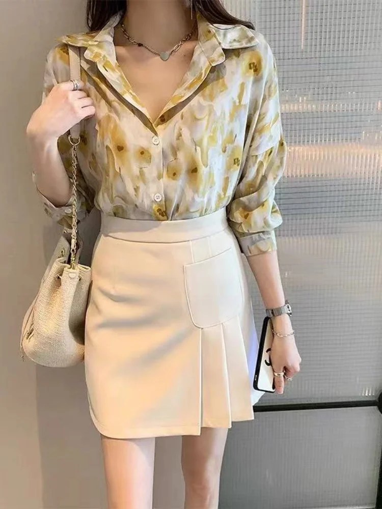 

Women's Blouse Summer Tops Polo Shirt Chiffon Blouses Fashion Top Casual Shirts Long Sleeve Printing Loose Houthion