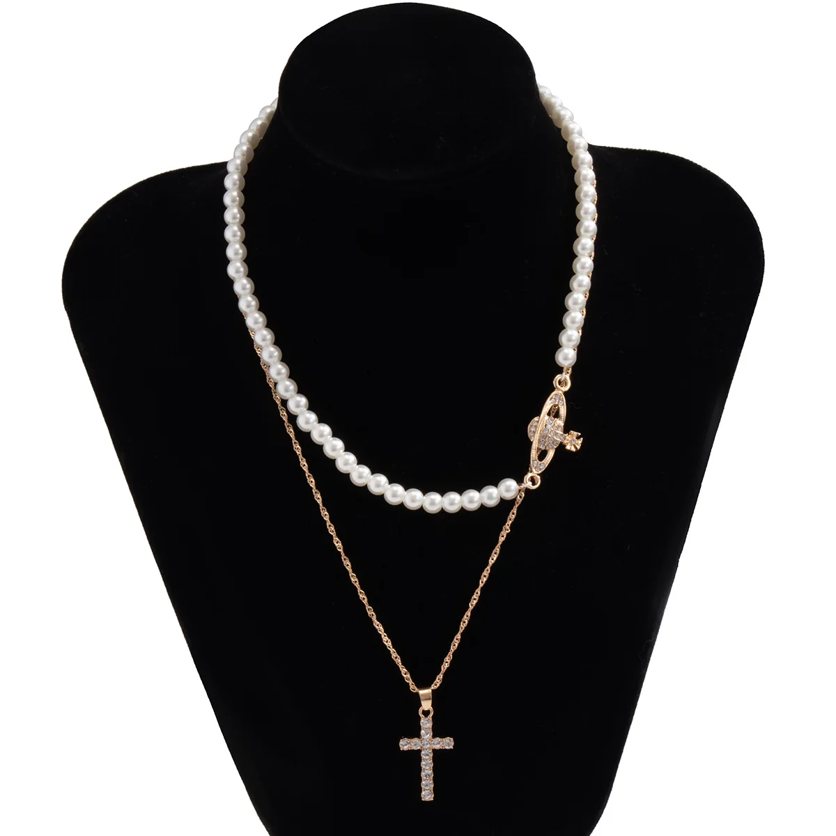 

YOUVI Luxury Crystal Deisgn Pearl Necklace Set for Women Wedding Party Goth Rhinestone Cross Pedant Necklace Charms Jewelry