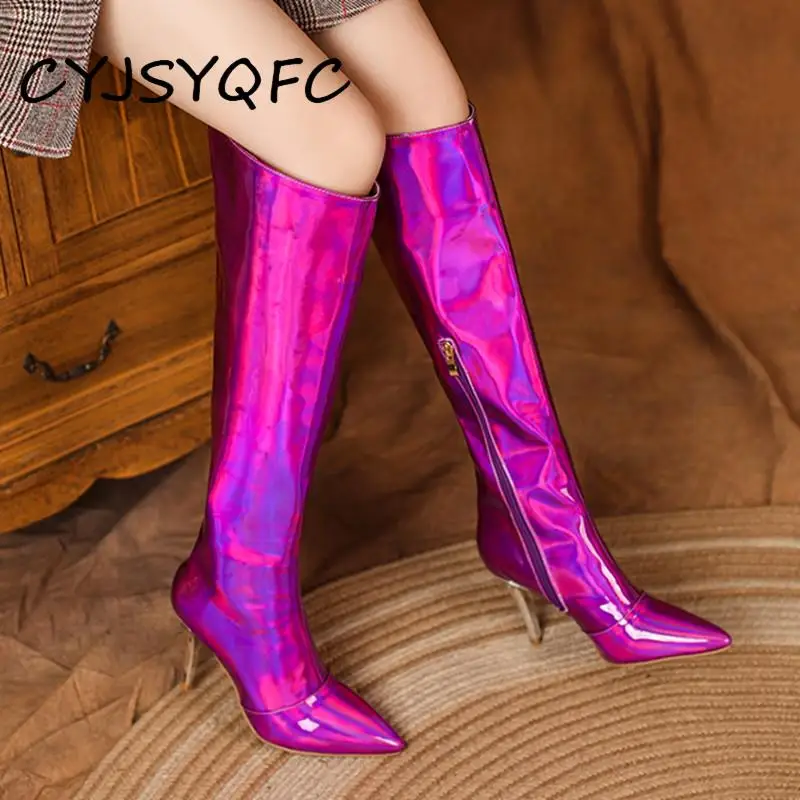 

CYJSYQFC 2021 Autumn Winter New Fashion Women's Boots Pointed Stiletto Color Knee Length Boots Plus Size 46 Female High Heels