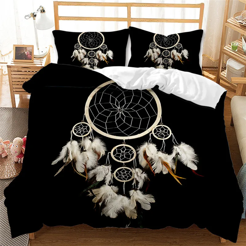 

Black Dreamcatcher Bedding Set Queen Size White Feather Print Duvet Cover Set With Pillowcase Bohemian Bed Linen Comforter Cover