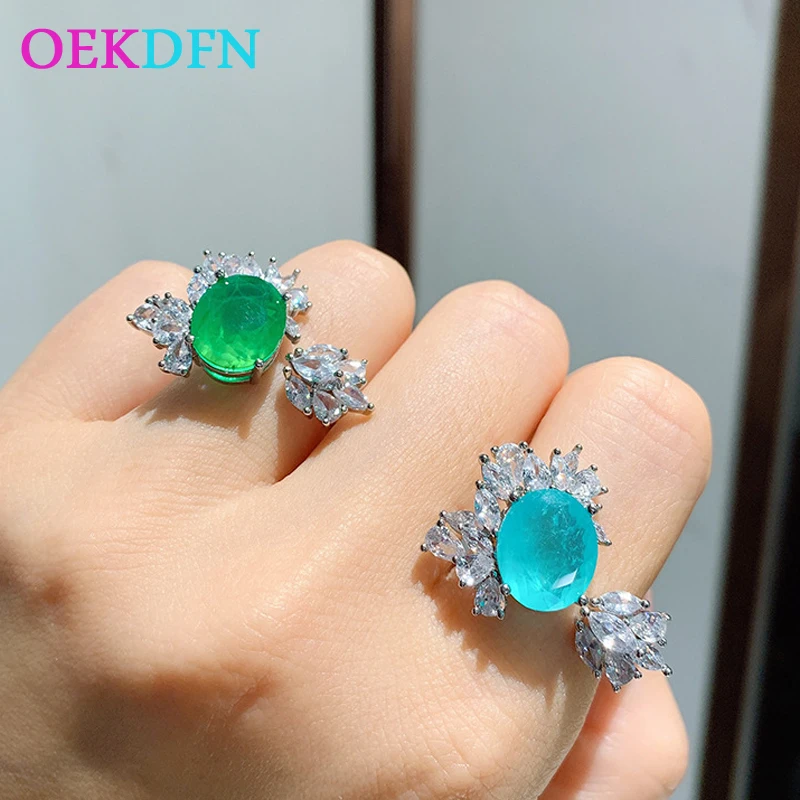 

OEKDFN Luxury 925 Sterling Silver Rings Paraiba Tourmaline Emerald Gemstone Wedding Engagement Ring Finger Bands Jewelry Gift