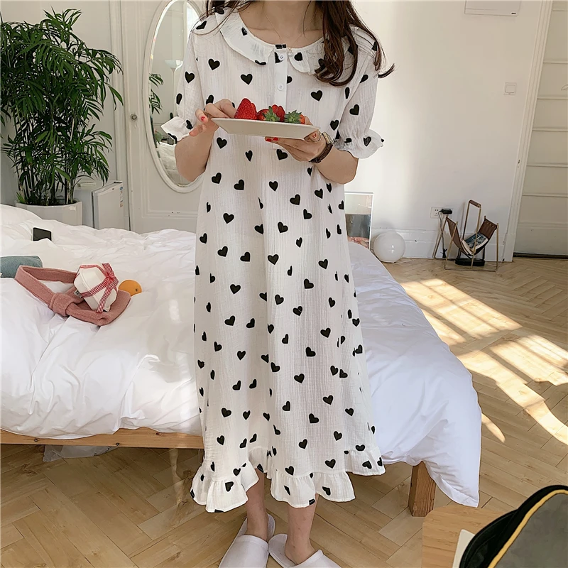 

sweet heart cute women nightgowns short sleeve summer homewear dress ruffles peter pan collat nightdress cotton sleepdress