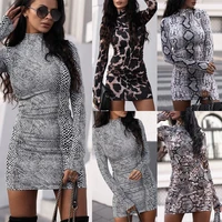 2020 women fashion clothing hot sale dresses stand collar slim leopard print tight long sleeves spring 2021sexy