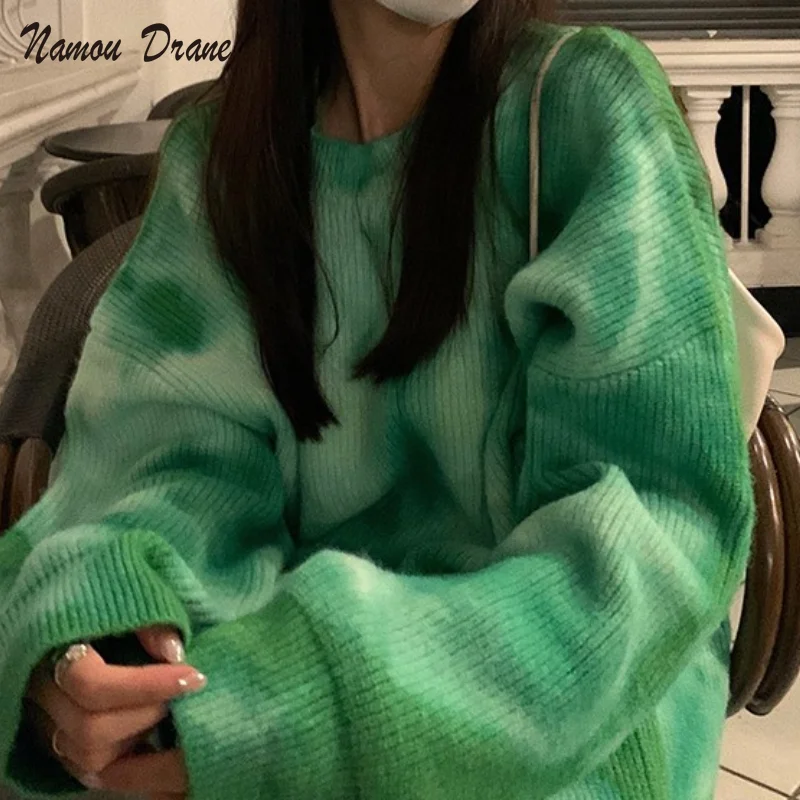 

Retro Style Gradient Green Tie-dye Lazy Mid-length Sweater Women Autumn and Winter Korean Style Gentle Outer Wear Loose Head