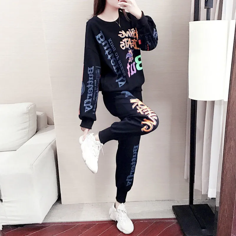

Casual tracksuit Spring Loose two piece set womens Fashion O-Neck short sleeves t shirts+elastic Length pant Print plus sizesuit