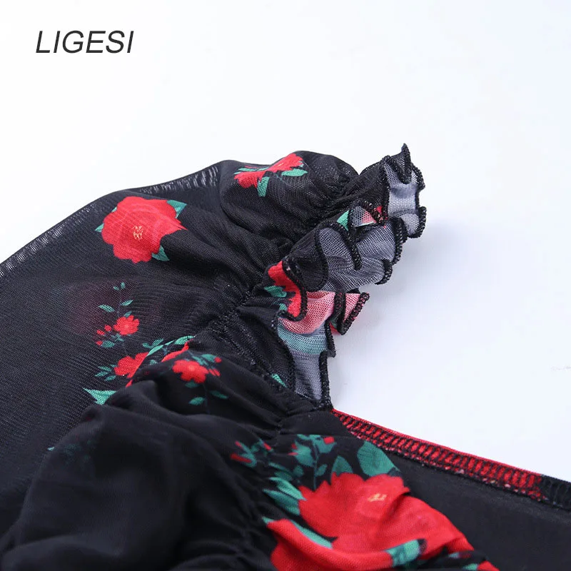 

Floral Sheer Mesh Drawstring Ruched Women Dress Long Sleeve Fashion Spring 2020 Sexy Backless Mini Dresses Slim