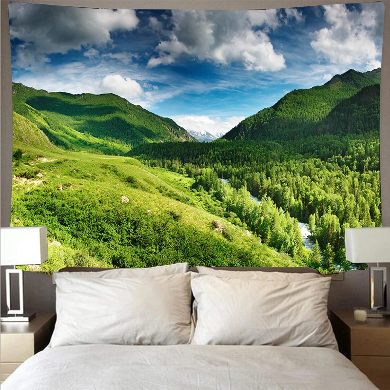 Горный скручивающийся лес озеро пейзаж дешевый гобелен искусство