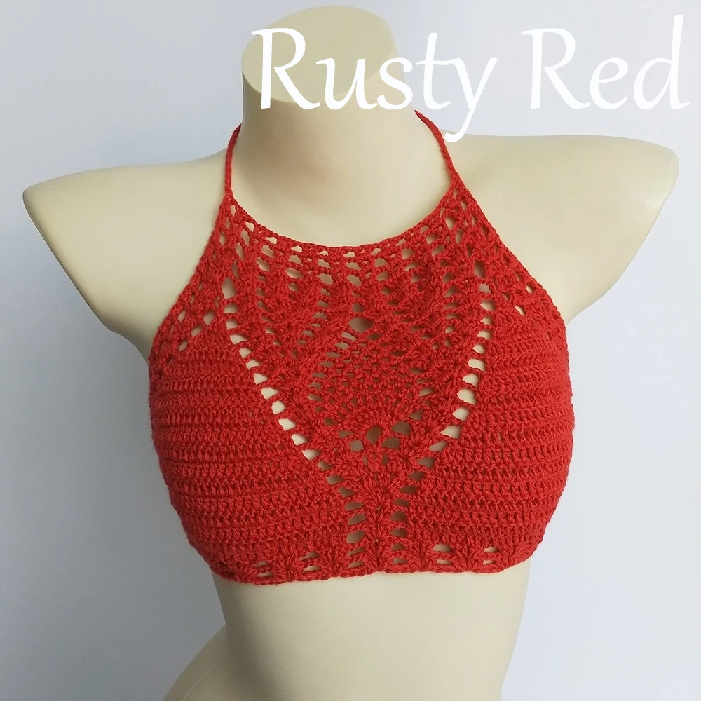 rusty red top Белый сексуальный бикини размера плюс, вязанный крючком Топ, есть подкладка, женский купальник, пуш-ап бюстгальтер, выдалбливают, Холтер, вязанный желтый Бикини Топ - Цвет: rusty red top
