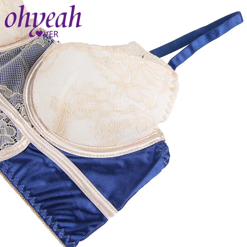 Ohyeahlover прозрачный бюстгальтер Ropa Interior Femenina Conjunto набор бюстгальтеров RM80186 сексуальный комплект бюстгальтера размера плюс темно-синий с бежевым кружевным накладным слоем
