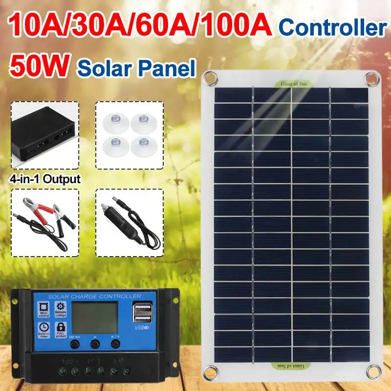 50 Вт Панели солнечные комплект в комплекте 12V/5V USB 4 Jack с 60/100A контроллер панели